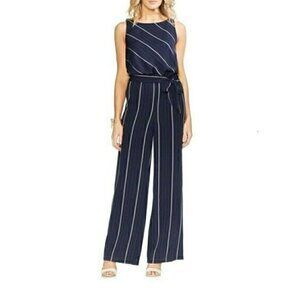 Vince Camuto Womens Sleeveless Striped Wide-leg Jumpsuit Dress S Classic Navy
